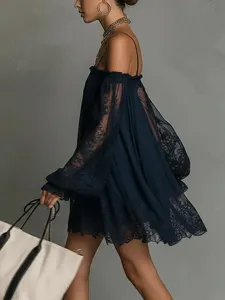 Vestido mini sexy de manga larga con encaje de hombros descubiertos para mujer liso