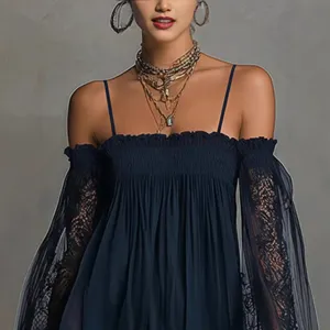 2026 sexy vestido de encaje con hombros descubiertos manga larga transparente mujer