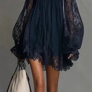 Vestido Mujer Sexy Transparente Manga Larga Encaje Color Sólido Mini Vestido Hombro