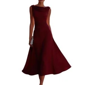 Elegant summer sleeveless cowl neck midi dress for women, waisted slim evening party gown.