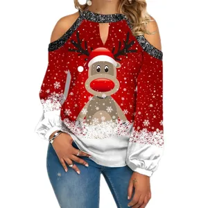 Christmas cold shoulder reindeer print long sleeve red top casual festive blouse for women