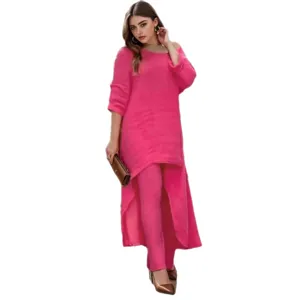 Stijlvolle roze linnenmix onregelmatige lange mouwen top en broek tweedelig set dames hoofdweergave.