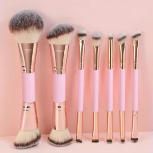 Professionelles Doppelseitiges Make-up Pinsel Set Rosa Griff Roségold Rohr Synthetikfaser Foundation Pinsel Damen Beauty Tools