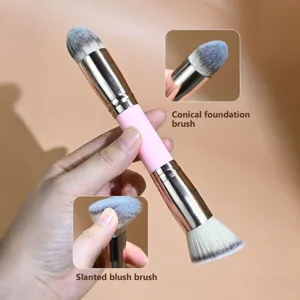 Brocha de maquillaje doble con brocha de base cónica y brocha de colorete oblicua, rosa.