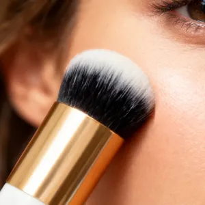 Close-up detail of soft makeup foundation brush with gold ferrule applying powder smoothly.