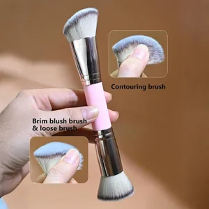 Brocha de maquillaje de doble punta con mango rosa profesional para contorno y polvos faciales
