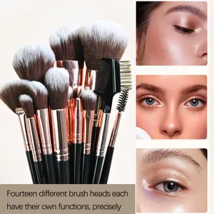 Detailed view of versatile makeup brush set featuring various bristle types and eye makeup close-ups.