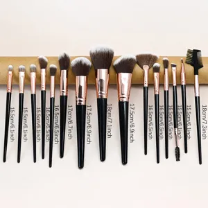 Professional 15-piece makeup brush set with black handles and rose gold ferrules.