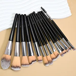 Professional Fourteen Pieces Black Makeup Brush Set With Wooden Handle Soft Fiber Powder Contour Highlighter Blending Eye Face Brushes Tool For Daily Cosmetics