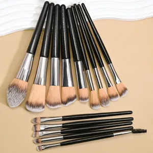 14 pcs professional black makeup brush set soft wooden handle powder contour cosmetic tools