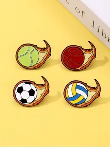 Cartoon sports enamel pin set featuring football basketball tennis volleyball cute brooch designs.