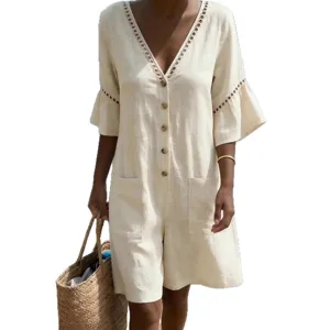 Donna tuta corta scollo V casual monocolore manica a campana vacanza estiva moda.