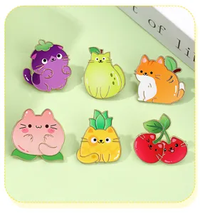 Cute fruit cat enamel pins set, cartoon animal brooch badges for clothes, bags and backpacks.