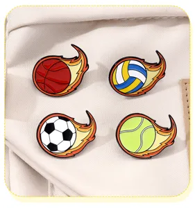 Cartoon sports ball enamel pins set featuring basketball, football, volleyball and tennis designs.