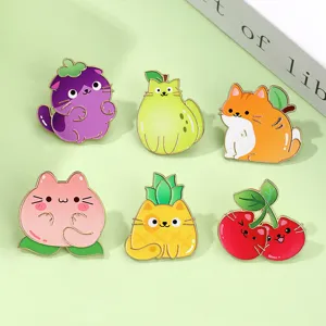Creative Cute Cartoon Fruit Cat Brooch Zinc Alloy Enamel Pin Lovely Grape Pineapple Orange Peach Lemon Cherry Cat Lapel Badge Jewelry Gift For Bags Clothes Unisex