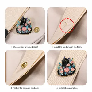 Charming black cat enamel brooch featuring floral design, perfect for bags and clothing decoration.