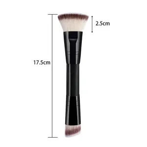 Double-ended makeup brush with flat foundation brush and angled contour brush, black handle.
