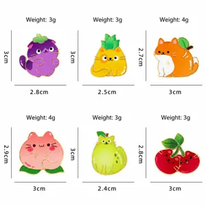 Cute fruit cat enamel pin size chart, cartoon animal brooch specification with dimensions.