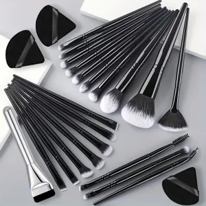 Professionelles 24-Teiliges Schwarzes Make-up Bürsten Set Mit Dreieckiger Puderquaste Maskenbürste Weichen Synthetikborsten Gesichts- Und Augen Make-up