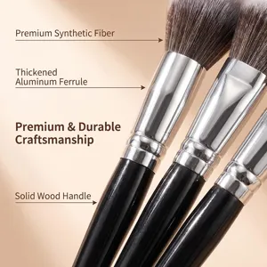 Detailed view of makeup brush with soft synthetic fiber, thick aluminum ferrule, wood handle.