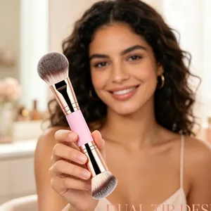 Pinsel mit zwei Enden und rosafarbenem Griff sowie Roségold für tragbares Make-up im Alltag.