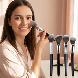 Professional makeup brush set detail shot with soft bristles and sleek black handles for use.