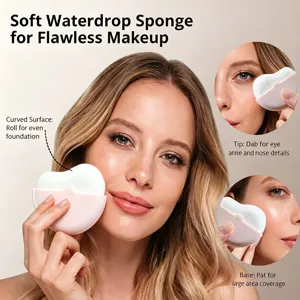 Waterdrop makeup brush detail showing curved surface, tip, and base application methods.