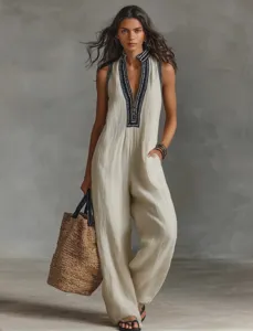 Womens sleeveless linen blend jumpsuit detail featuring dark embroidery collar and front zipper