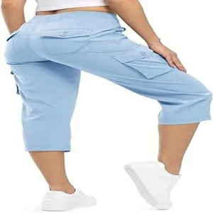 Back view detail of light blue cargo capri pants with multiple pockets for women hiking outdoor.