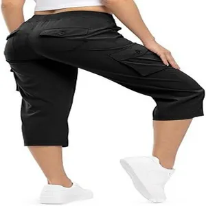 Detailed view of black women's capri cargo pants featuring multiple utility pockets and comfort.