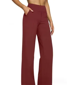 Burgundy high waisted knit wide leg pants detail, casual pocket trousers closeup view.