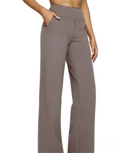 Details of women's high-waist casual straight-leg trousers with front pockets in taupe.