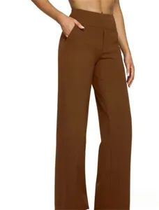 Detail shot of women's high-waisted loose straight casual pants in brown with side pockets.