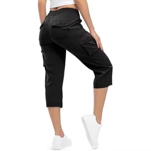 Women's black cargo capri pants lightweight quick dry outdoor hiking casual multi-pocket shorts