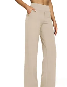 Close-up detail of high-waisted casual straight trousers featuring convenient front pockets.
