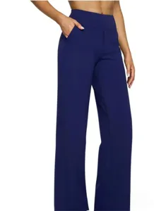Detailed view of women's solid navy blue high-waisted wide-leg trousers with practical pockets.