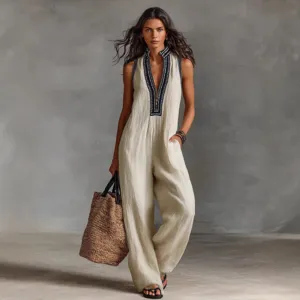 Women's Casual Linen Blend Sleeveless Jumpsuit Stand Collar Front Zipper Embroidery Wide Leg Long Pant One Piece Romper