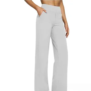 Women high waist casual loose knit straight long pants with practical pockets grey