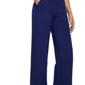 Women High Waist Wide Leg Knit Trousers Casual Pocket Pants Blue Daily Wear Main View