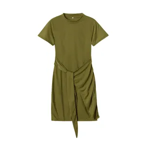 Olive green short sleeve round neck irregular dress with waist belt and side pleats.