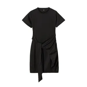 Close-up details of the black short sleeve round neck ruched tie belt asymmetric hem dress.