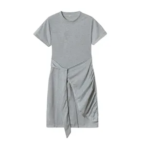 Grey short sleeve dress detail showing crewneck, side ruched gathering and wrap tie belt.