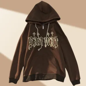 Brown vintage gothic cross zip up hoodie casual oversized streetwear couple jacket