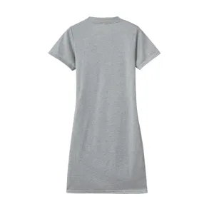 Grey short sleeve crew neck mini dress back view, casual basic cotton knit dress detail.