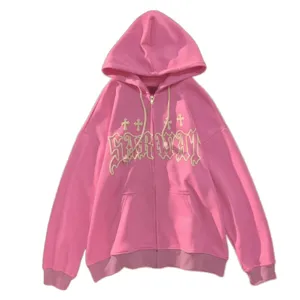 Pink zip-up hoodie for women and men, casual loose hooded sweatshirt with gothic cross print.