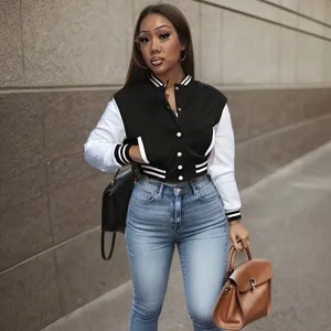 Women's Autumn Polyester Color Block Baseball Jacket Single Breasted Sporty Bomber Jacket Casual Ribbed Trim Outwear Top