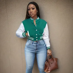 Women colorblock varsity jacket casual button down baseball coat autumn sports outerwear