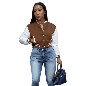 Women color-block varsity jacket with single-breasted button closure, casual autumn outerwear.