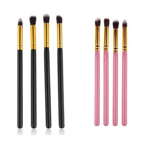Detail view of 4-piece eye makeup brush set featuring soft bristles and golden metal ferrule.
