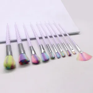Detailed view of the 10-piece unicorn makeup brush set with vibrant rainbow bristles.